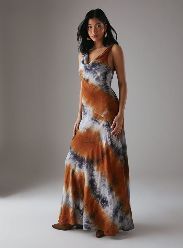 Tie Dye Cowl Neck Maxi Dress