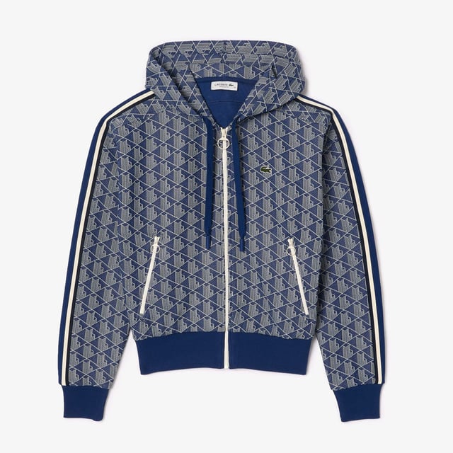 Womens Lacoste Monogram Jacquard Zip Front Hoodie - Adjustable hood - Regular fit  straight cut - Zip closure - Ribbed cuffs - Embroidered crocodile on chest- Ref: SF7606-QIE