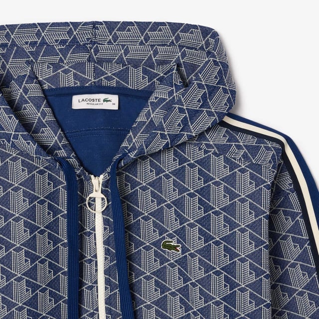 Womens Lacoste Monogram Jacquard Zip Front Hoodie - Adjustable hood - Regular fit  straight cut - Zip closure - Ribbed cuffs - Embroidered crocodile on chest- Ref: SF7606-QIE