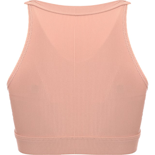 Lining: 100% Polyester, Main: 82% Polyester, Main: 18% Spandex. Ideal for high-impact activities, this sports bra features a round neck with non-padded cups, wire-free construction, and a racerback design for unrestricted movement.