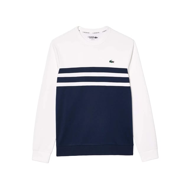 Lacoste - Sweatshirt Stretch für Herren - Tennis (Weiß/Marineblau) 100% Recyceltes Polyester. Gewebe: Verriegelung, Stretch. Design: Kontrast, Logo. Mit Band im Nacken, Streifen mit Logo. Rundhalsausschnitt. Bündchen: Anliegend. Langärmlig. Passform: Klassisch. Zum Überziehen. XS: 90,17 cm. S: 96,52 cm. M: 102 cm. L: 112 cm. XL: 121,92 cm. XXL: 132 cm.