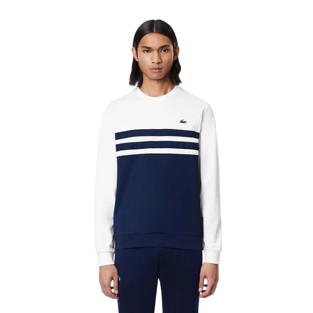 Lacoste - Sweatshirt Stretch für Herren - Tennis (Weiß/Marineblau) 100% Recyceltes Polyester. Gewebe: Verriegelung, Stretch. Design: Kontrast, Logo. Mit Band im Nacken, Streifen mit Logo. Rundhalsausschnitt. Bündchen: Anliegend. Langärmlig. Passform: Klassisch. Zum Überziehen. XS: 90,17 cm. S: 96,52 cm. M: 102 cm. L: 112 cm. XL: 121,92 cm. XXL: 132 cm.