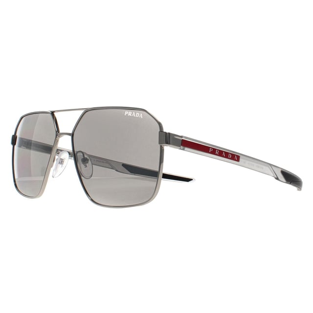 Prada Sport Aviator Mens Silver Light Grey Silver Mirror PS55WS  Sunglasses are a stylish aviator design crafted from durable and lightweight metal, ensuring a comfortable and secure fit. Silicone nose pads ensure all day comfort while the temples are accented with the iconic Prada Sport logo, adding a touch of luxury to the overall design.