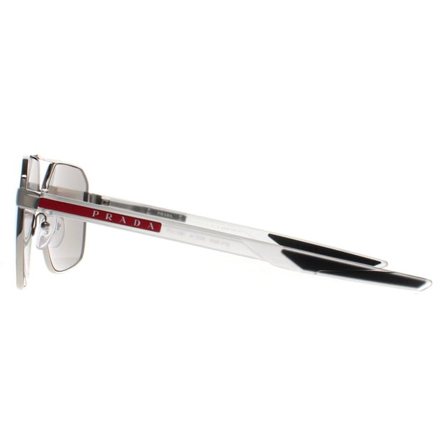 Prada Sport Aviator Mens Silver Light Grey Silver Mirror PS55WS  Sunglasses are a stylish aviator design crafted from durable and lightweight metal, ensuring a comfortable and secure fit. Silicone nose pads ensure all day comfort while the temples are accented with the iconic Prada Sport logo, adding a touch of luxury to the overall design.