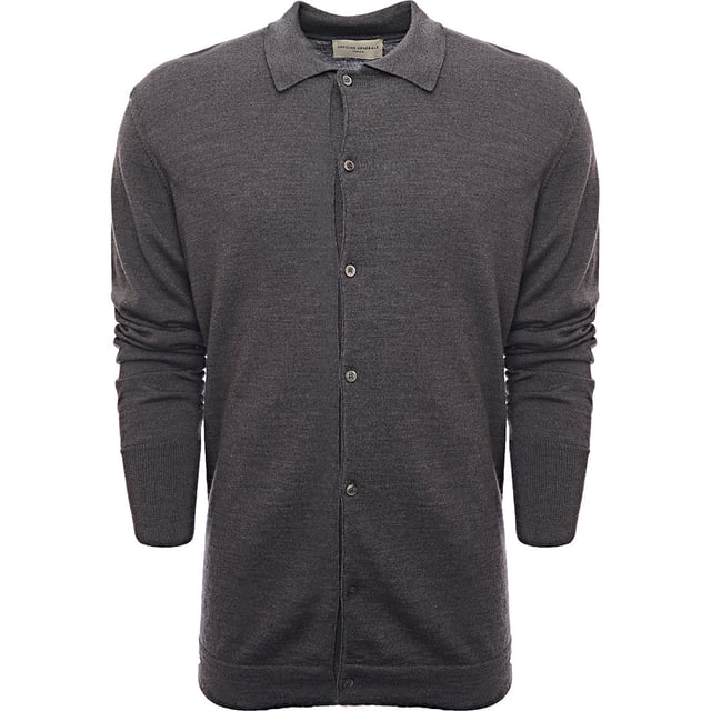 100% Virgin Wool Long sleeved button-down knitted polo. Rib stitching at cuffs with a tubular jersey at hem and side slits.