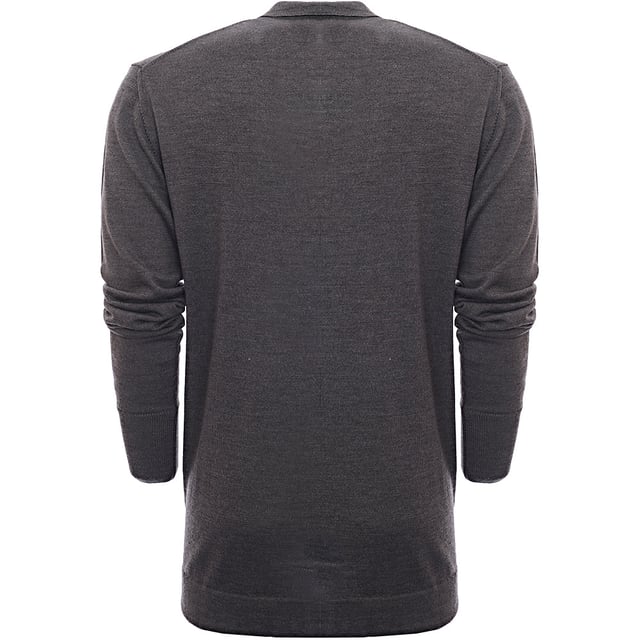 100% Virgin Wool Long sleeved button-down knitted polo. Rib stitching at cuffs with a tubular jersey at hem and side slits.