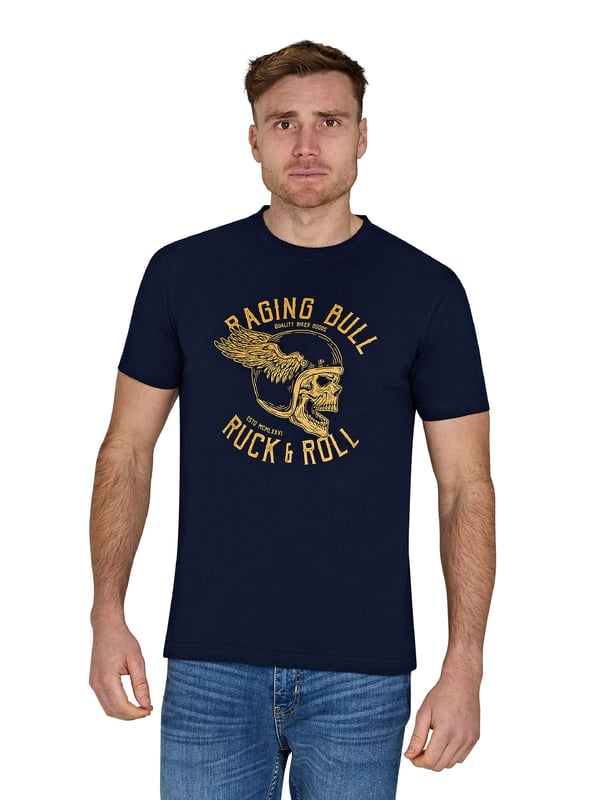 This high-quality men's Ruck & Roll T-Shirt is made from soft, organic cotton in a versatile navy base colour that pairs well with everything. Its bold, stand-out graphic makes a statement and the classic fit ensures longevity and durability. Plus, it's machine washable for easy maintenance. Dark Blue short sleeve graphic image tee available in sizes small to big and tall - up to 6XL.