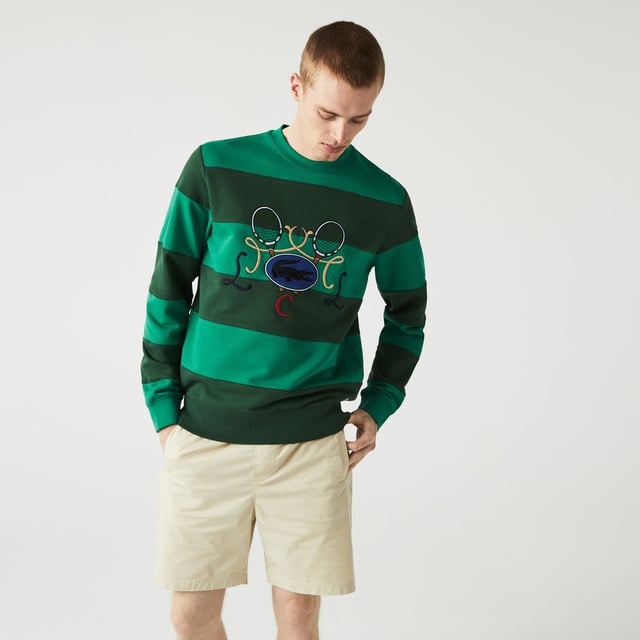 SH2955 Men's Tennis Design Crew Neck Striped Cotton Fleece Sweatshirt Cotton fleece Ribbed crew neck Classic fit Crocodile embroidery and XXL tennis on front Embroidered green crocodile at bottom