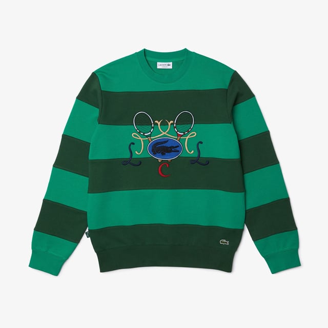 SH2955 Men's Tennis Design Crew Neck Striped Cotton Fleece Sweatshirt Cotton fleece Ribbed crew neck Classic fit Crocodile embroidery and XXL tennis on front Embroidered green crocodile at bottom