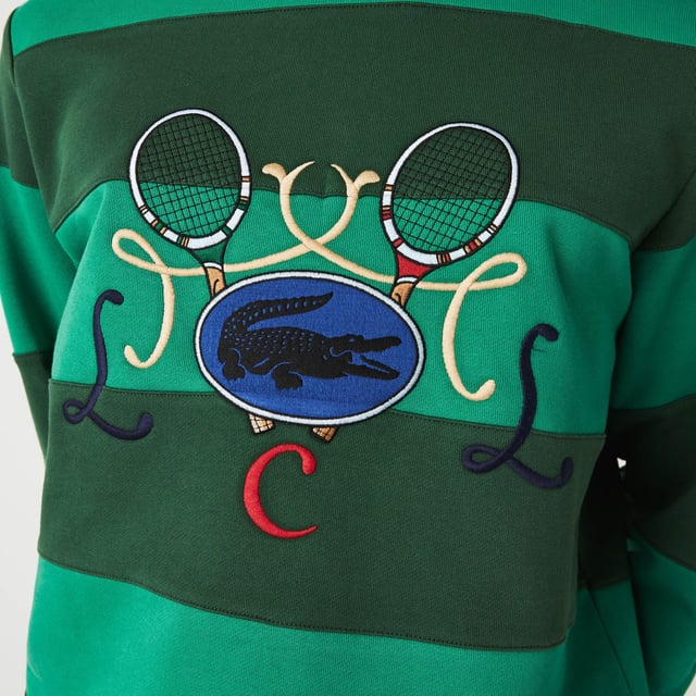 SH2955 Men's Tennis Design Crew Neck Striped Cotton Fleece Sweatshirt Cotton fleece Ribbed crew neck Classic fit Crocodile embroidery and XXL tennis on front Embroidered green crocodile at bottom