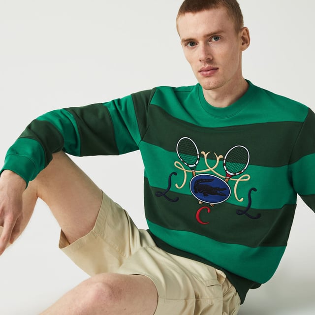 SH2955 Men's Tennis Design Crew Neck Striped Cotton Fleece Sweatshirt Cotton fleece Ribbed crew neck Classic fit Crocodile embroidery and XXL tennis on front Embroidered green crocodile at bottom
