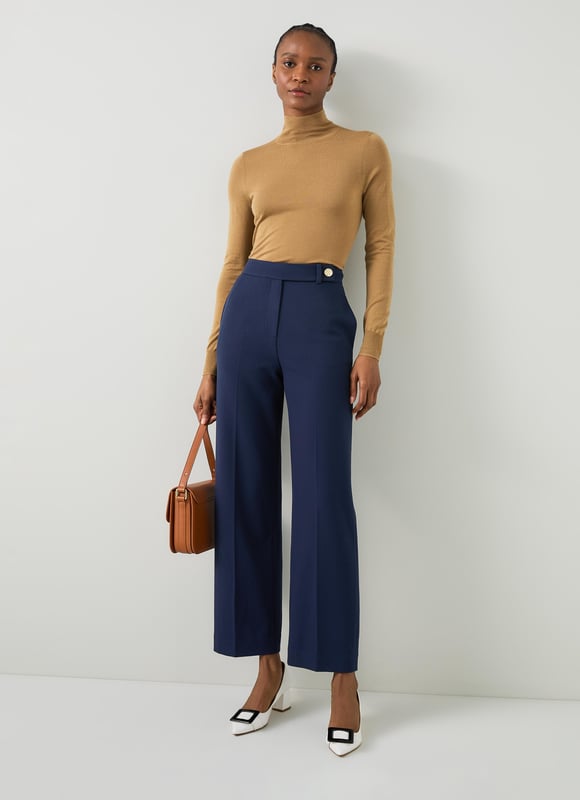 LK Bennett Billie Trousers, Navy Effortlessly step into sophistication with our Billie tailored crop wide trousers. These navy workwear essentials, crafted from a high-quality fabric blend, feature a timeless plain design that exudes elegance. Perfectly pair them with a crisp white blouse or a stylish silk top for a polished look.
