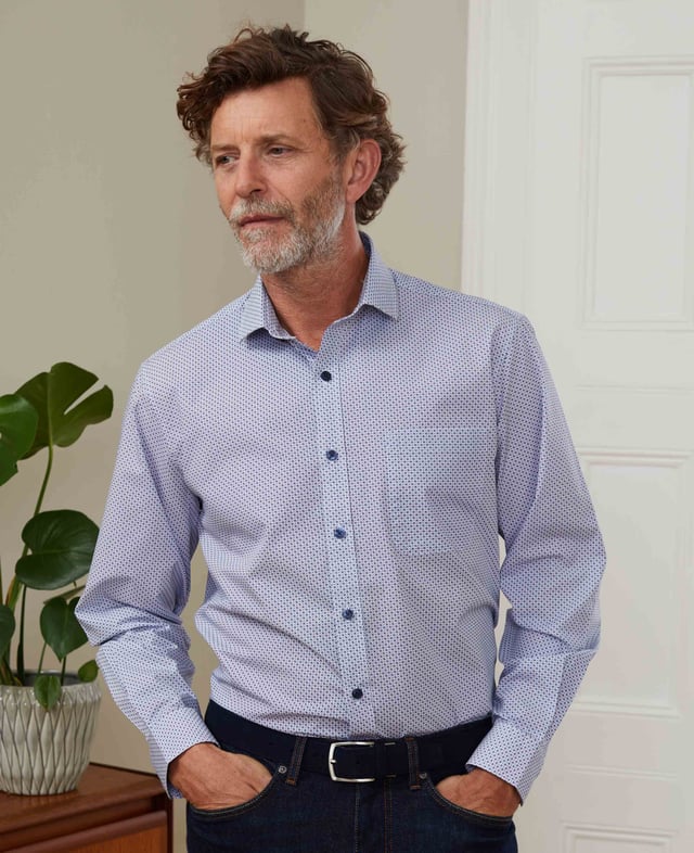 Simple yet stylish, this classic fit printed shirt is a fine choice for day or night. It's made from 100% BCI cotton poplin and cut to a classic fit shape that suits all builds. Wear yours tucked in or out with jeans, chinos or trousers.