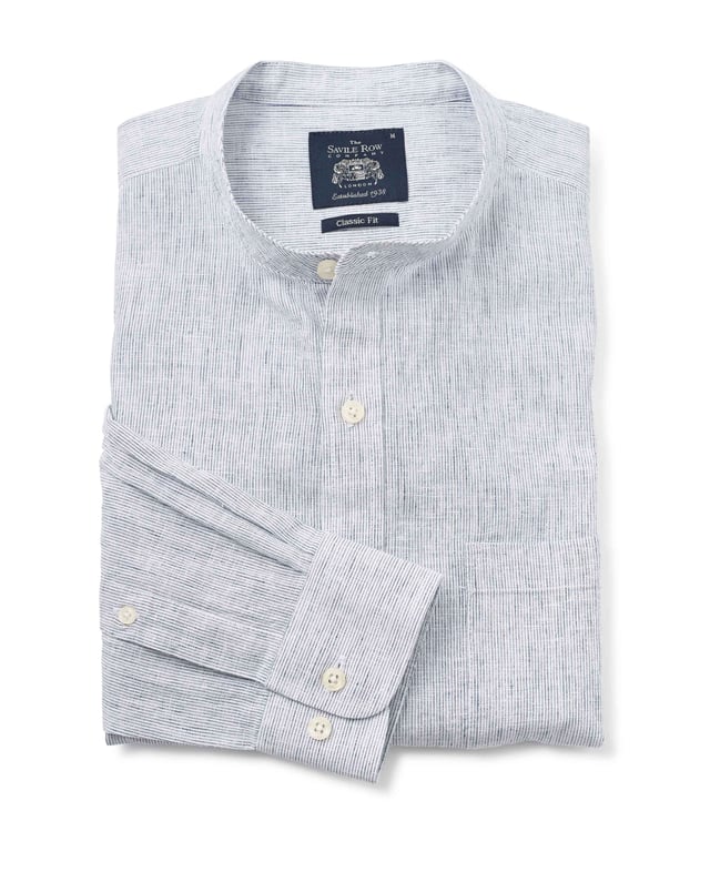 A lightweight 55% linen / 45% cotton blend shirt decorated with white and navy stripes. A smart option for the warmer months. Generously proportioned classic fit with a stylish grandad collar, split yoke, long tails and chest pocket.