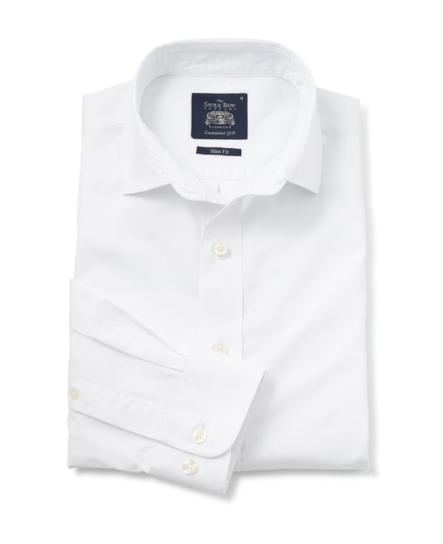 A summer essential. This white slim fit shirt is made from a soft cotton twill fabric designed to get softer with each wash. It has been gently tapered for a flattering fit. Features a curl resistant cutaway collar, with an integral and removable collar stay and single cuffs.