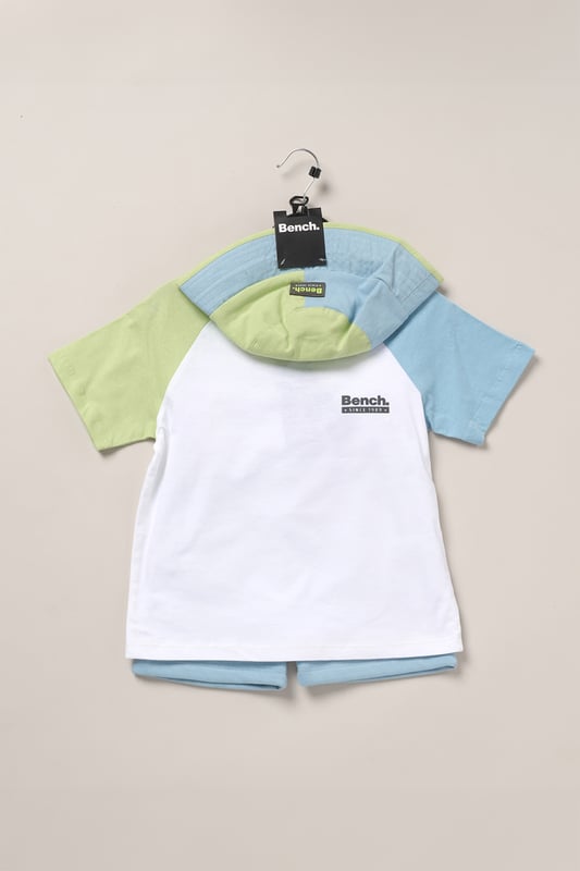 Upgrade everyday style with this easygoing three-piece set from Bench, featuring a classic cotton T-shirt, soft sweat shorts, and a coordinating cotton twill hat. The brushed sweat fabric offers a comfy feel, while ribbed trims and a flat woven drawcord add function and fit. Designed for casual versatility, this outfit set delivers effortless comfort from top to toe.