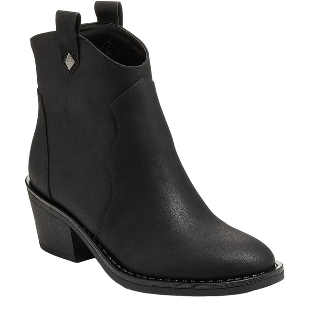 Upper: Faux Leather. Lining: Microfibre. Outsole: Rubber. 14cm Shaft, Pull Tab, Stud Detailing. Chunky Heel. Heel Height: 5.5cm. Cut: Ankle. Design: Plain. Toe Style: Almond. Fastening: Back Zip, Slip-on.