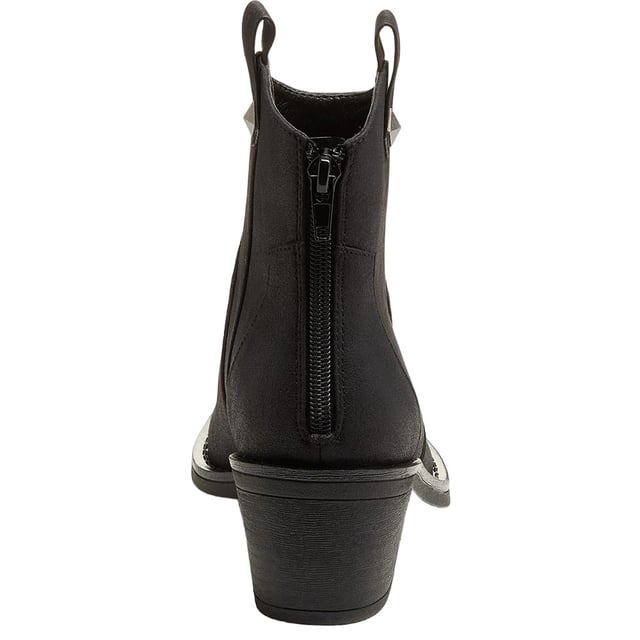 Upper: Faux Leather. Lining: Microfibre. Outsole: Rubber. 14cm Shaft, Pull Tab, Stud Detailing. Chunky Heel. Heel Height: 5.5cm. Cut: Ankle. Design: Plain. Toe Style: Almond. Fastening: Back Zip, Slip-on.