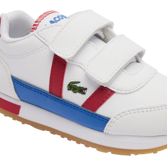 Marke: Lacoste. Obermaterial: Nylon, PU (Polyurethan). Futterstoff: Stoff. Einlegesohle: Mit Markenzeichen. Laufsohle: Gummi. Absatz: Flach. Design: Kontrast Detail, Gesticktes Logo. Zehenstil: Rund. Klettverschluss.