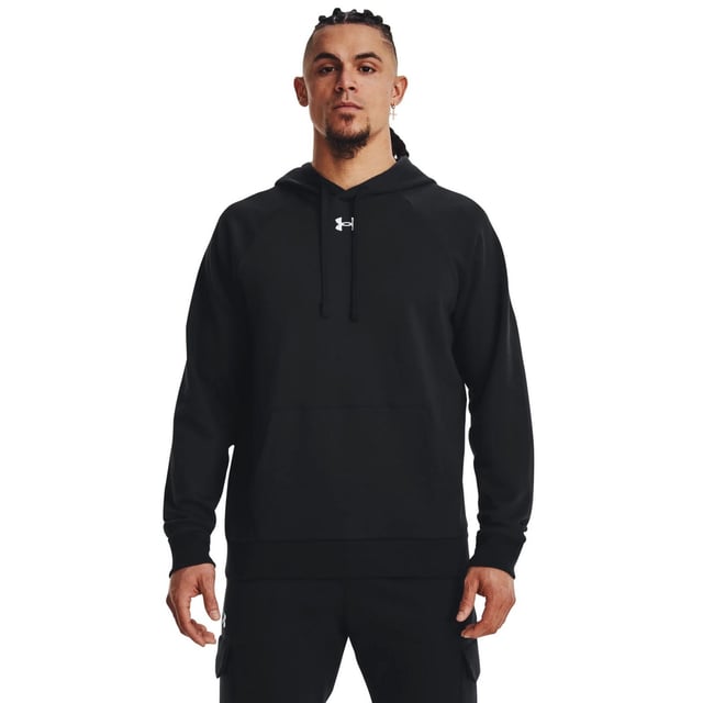Under Armour Unisex Adult Rival Fleece Hoodie (Black/White) Material: 80% Cotton, 20% Polyester. Fabric: Brushed Inside, Fleece, Soft Touch. Design: Logo. Hood Features: Drawstring, Grown On Hood. Fabric Technology: Lightweight. Hem: Ribbed. Neckline: Hooded. Sleeve-Type: Long-Sleeved. Cuff: Ribbed. Fit: Loose. Pockets: 1 Kangaroo Pocket. Fastening: Pull Over.