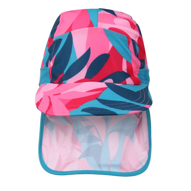 85% Polyester, 15% Elastane. Design: Contrast, Logo, Tropical Leaves. 3 Row Stitching, Ear And Neck Protection, Sunshade Neck Protector. Fabric Technology: Durable, UV Protection. Sun Rating: UPF 50+.