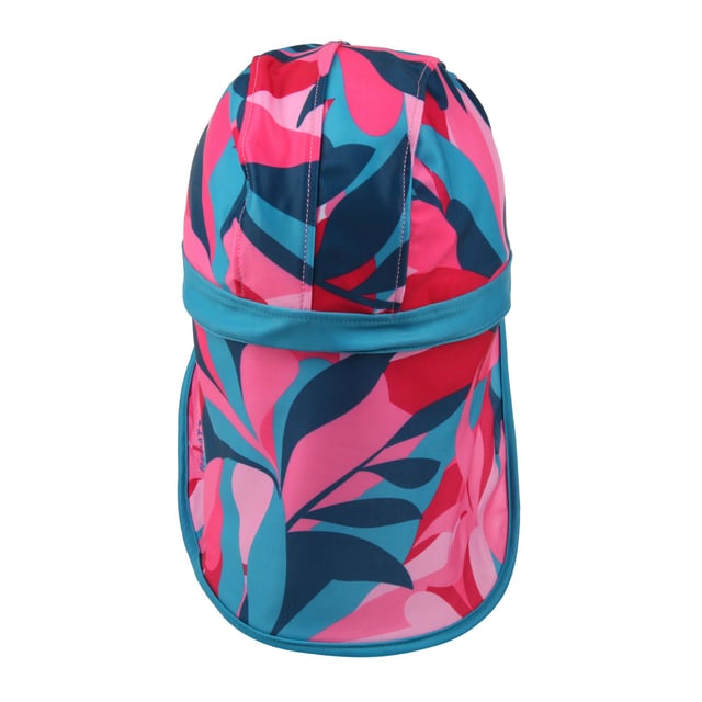 85% Polyester, 15% Elastane. Design: Contrast, Logo, Tropical Leaves. 3 Row Stitching, Ear And Neck Protection, Sunshade Neck Protector. Fabric Technology: Durable, UV Protection. Sun Rating: UPF 50+.
