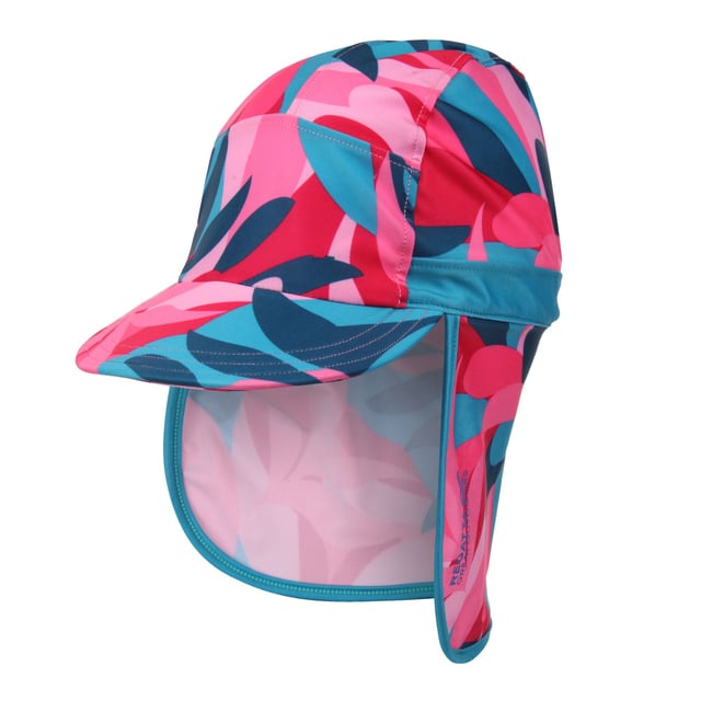 85% Polyester, 15% Elastane. Design: Contrast, Logo, Tropical Leaves. 3 Row Stitching, Ear And Neck Protection, Sunshade Neck Protector. Fabric Technology: Durable, UV Protection. Sun Rating: UPF 50+.