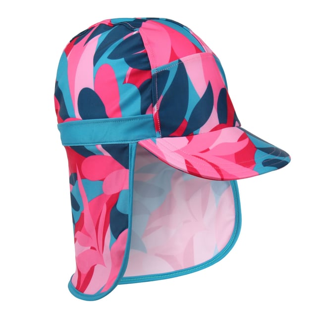 85% Polyester, 15% Elastane. Design: Contrast, Logo, Tropical Leaves. 3 Row Stitching, Ear And Neck Protection, Sunshade Neck Protector. Fabric Technology: Durable, UV Protection. Sun Rating: UPF 50+.