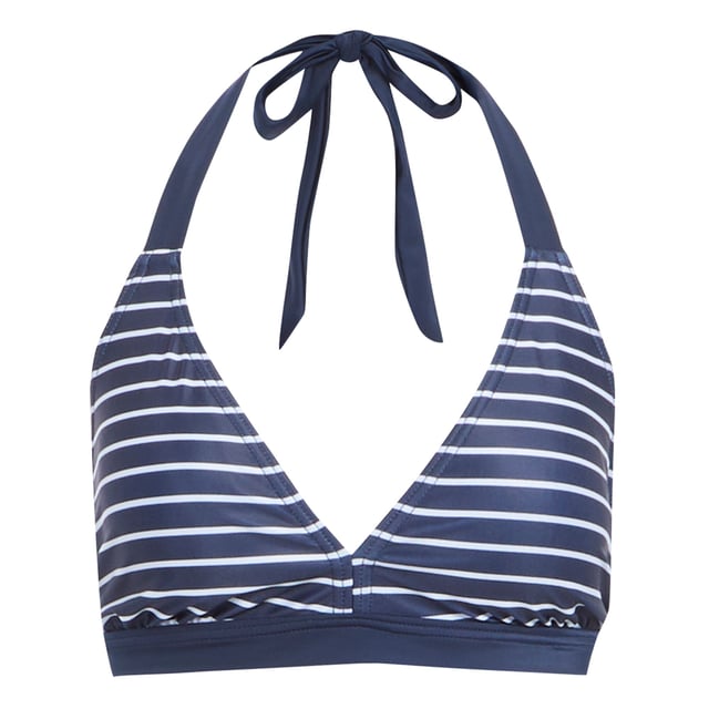 85% Polyester, 15% Elastane. Fabric: Soft Touch, Stretch. Design: Stripe. Fastening: Back Neck Tie, Clasp. Neckline: Halter Neck. Supportive Cup. Sustainability: Made from Recycled Materials. Sun Rating: UPF 50+.