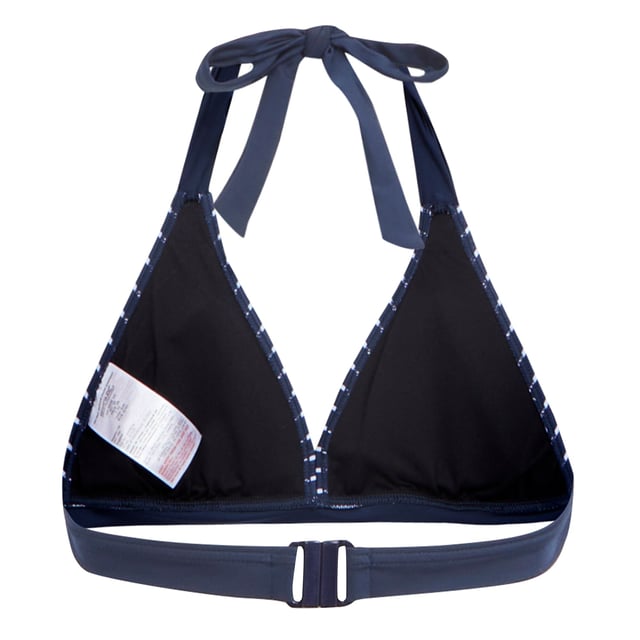 85% Polyester, 15% Elastane. Fabric: Soft Touch, Stretch. Design: Stripe. Fastening: Back Neck Tie, Clasp. Neckline: Halter Neck. Supportive Cup. Sustainability: Made from Recycled Materials. Sun Rating: UPF 50+.