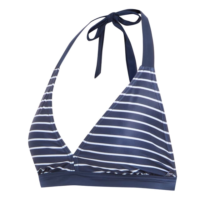 85% Polyester, 15% Elastane. Fabric: Soft Touch, Stretch. Design: Stripe. Fastening: Back Neck Tie, Clasp. Neckline: Halter Neck. Supportive Cup. Sustainability: Made from Recycled Materials. Sun Rating: UPF 50+.