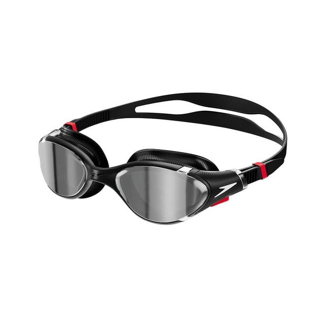 Polycarbonate Lens. Design: Grooved, Logo. Biofuse, Low-Profile Strap, Push Button, Traction Gears. Sun Rating: UV 400. Anti-Fog, Flexible, Increased Peripheral Vision, Low Profile, Silicone Head Strap, Soft Seal Frame, Sturdy Inner Frame. Chrome Mirror Lens.