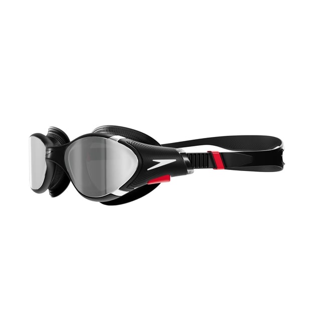 Polycarbonate Lens. Design: Grooved, Logo. Biofuse, Low-Profile Strap, Push Button, Traction Gears. Sun Rating: UV 400. Anti-Fog, Flexible, Increased Peripheral Vision, Low Profile, Silicone Head Strap, Soft Seal Frame, Sturdy Inner Frame. Chrome Mirror Lens.