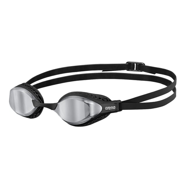 Polycarbonate Lens. Silicone, TPR Frame. Design: Logo. Fastening: Adjustable Strap. Face-Contouring Fit, Honeycomb Structure, Reduces Glare, Superior Hydrodynamics. Mirrored, Wide Vision Lens.