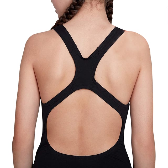 Fabric: Eco Endurance+, Soft Touch, Stretch. Design: Logo, Text. Back Style: Muscleback. Fastening: Pull-On. Neckline: Round Neck. Fabric Technology: Chlorine Resistant, Durable, Flexible, Quick Dry. Sustainability: Made from Recycled Materials.