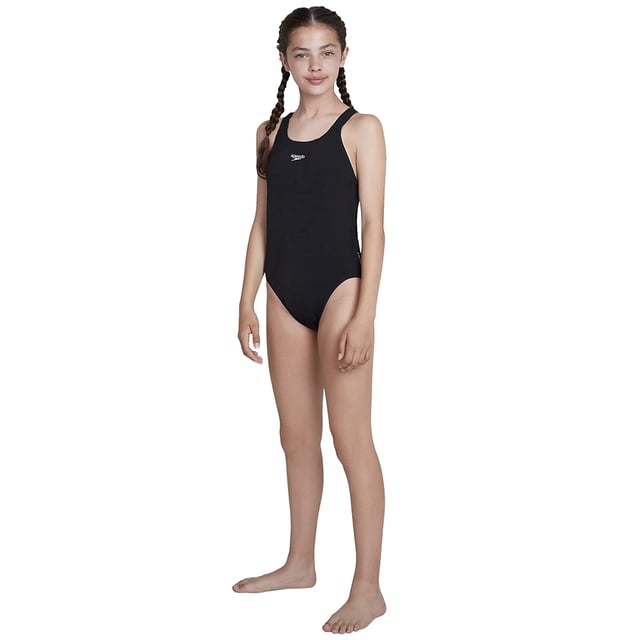 Fabric: Eco Endurance+, Soft Touch, Stretch. Design: Logo, Text. Back Style: Muscleback. Fastening: Pull-On. Neckline: Round Neck. Fabric Technology: Chlorine Resistant, Durable, Flexible, Quick Dry. Sustainability: Made from Recycled Materials.