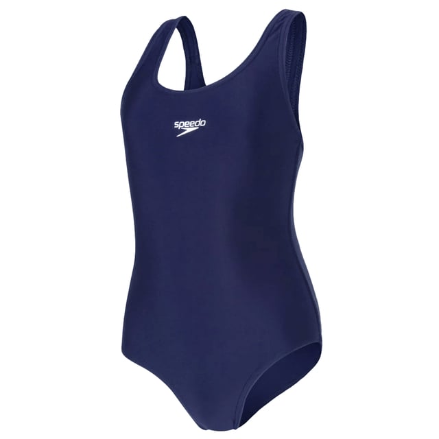 Fabric: Eco Endurance+, Soft Touch, Stretch. Design: Logo, Text. Back Style: Muscleback. Fastening: Pull-On. Neckline: Round Neck. Fabric Technology: Chlorine Resistant, Durable, Flexible, Quick Dry. Sustainability: Made from Recycled Materials.