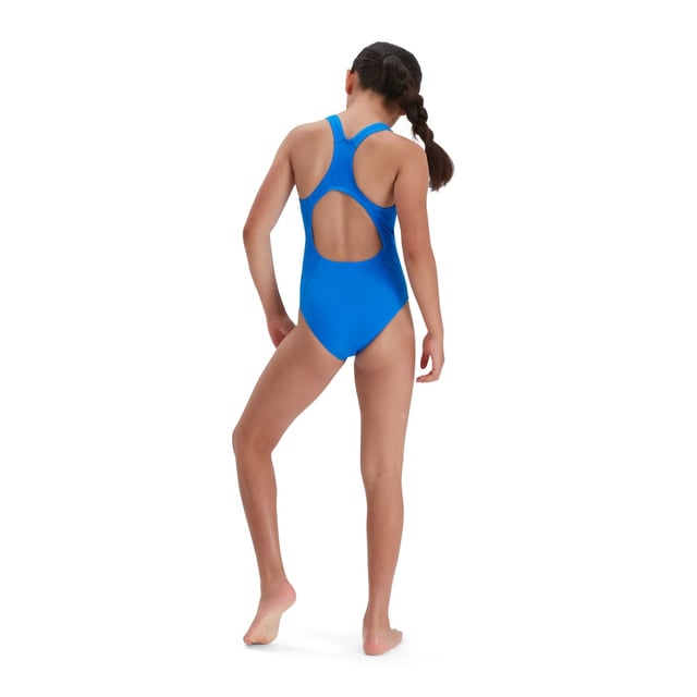53% Recycled Polyester, 47% PBT. Fabric: Eco Endurance+. Design: Logo. Fastening: Pull-On. Neckline: Scoop. Chlorine Resistant, Strap Seams. Fabric Technology: Durable, Quick Dry. Gusseted.