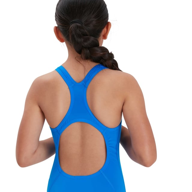 53% Recycled Polyester, 47% PBT. Fabric: Eco Endurance+. Design: Logo. Fastening: Pull-On. Neckline: Scoop. Chlorine Resistant, Strap Seams. Fabric Technology: Durable, Quick Dry. Gusseted.
