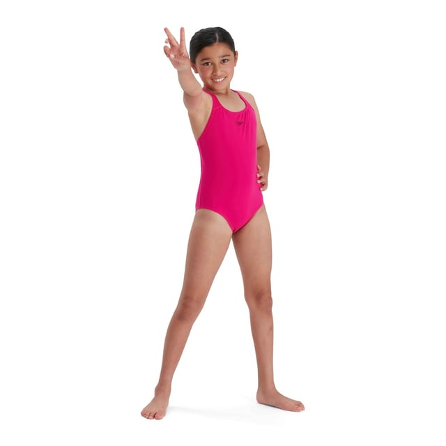 53% Recycled Polyester, 47% PBT. Fabric: Eco Endurance+. Design: Logo. Fastening: Pull-On. Neckline: Scoop. Chlorine Resistant, Strap Seams. Fabric Technology: Durable, Quick Dry. Gusseted.