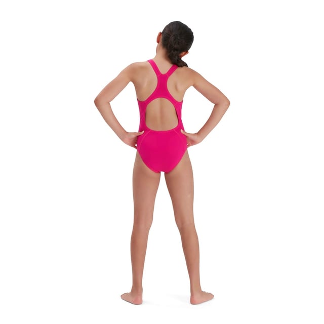 53% Recycled Polyester, 47% PBT. Fabric: Eco Endurance+. Design: Logo. Fastening: Pull-On. Neckline: Scoop. Chlorine Resistant, Strap Seams. Fabric Technology: Durable, Quick Dry. Gusseted.