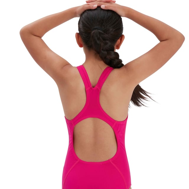 53% Recycled Polyester, 47% PBT. Fabric: Eco Endurance+. Design: Logo. Fastening: Pull-On. Neckline: Scoop. Chlorine Resistant, Strap Seams. Fabric Technology: Durable, Quick Dry. Gusseted.