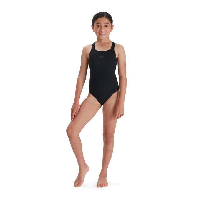 53% Recycled Polyester, 47% PBT. Fabric: Eco Endurance+. Design: Logo. Fastening: Pull-On. Neckline: Scoop. Chlorine Resistant, Strap Seams. Fabric Technology: Durable, Quick Dry. Gusseted.