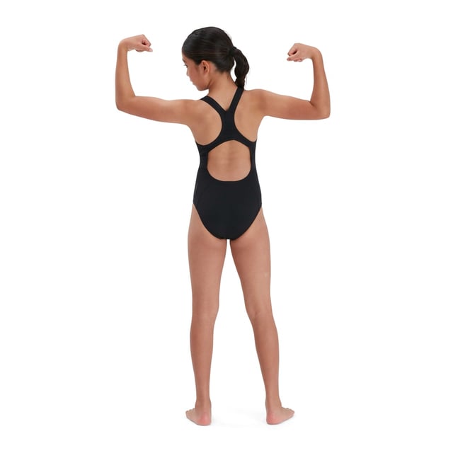 53% Recycled Polyester, 47% PBT. Fabric: Eco Endurance+. Design: Logo. Fastening: Pull-On. Neckline: Scoop. Chlorine Resistant, Strap Seams. Fabric Technology: Durable, Quick Dry. Gusseted.
