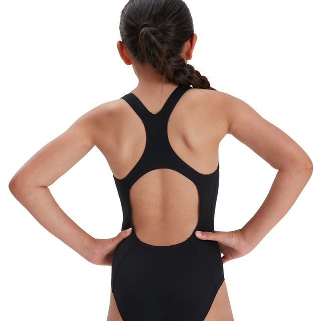 53% Recycled Polyester, 47% PBT. Fabric: Eco Endurance+. Design: Logo. Fastening: Pull-On. Neckline: Scoop. Chlorine Resistant, Strap Seams. Fabric Technology: Durable, Quick Dry. Gusseted.