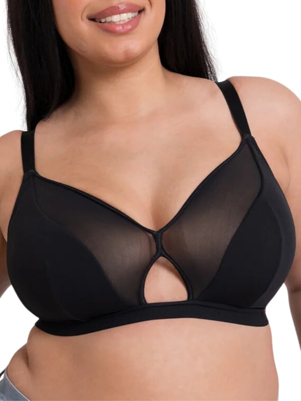 Curvy Kate Get Up And Chill Non-Wired Bralette. Non-wired soft cup bra with breathable mesh panels, keyhole detail, dual cup sizing and featuring lightweight mesh for gentle lift and support and soft microfibre outer for a smooth shape. Product is recommended as hand wash only.