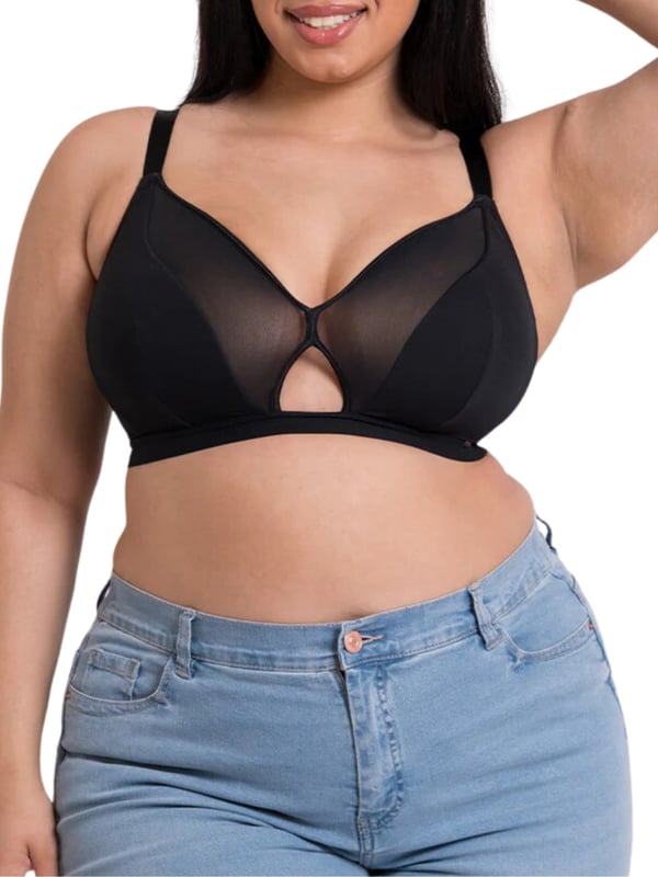 Curvy Kate Get Up And Chill Non-Wired Bralette. Non-wired soft cup bra with breathable mesh panels, keyhole detail, dual cup sizing and featuring lightweight mesh for gentle lift and support and soft microfibre outer for a smooth shape. Product is recommended as hand wash only.