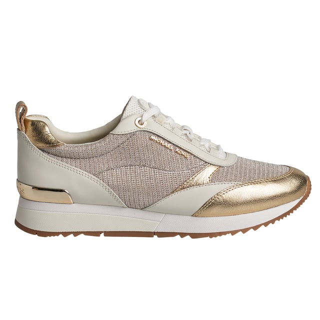 The Allie Stride leather sneakers are perfect for adding an irresistible touch of luxury to any look. This low-top style features shiny chainmail mesh panels and the brand's initials to add a little sparkle to every step. They're perfect for transitioning from the gym to the city.\n\n Details:\n - Almond tip.\n - Lace-up closure.\n - Shiny leather/chain mesh.\n - Padded textile insole.\n - Metallic Michael Kors logo on the back and instep.\n\n A good pair of women's designer sneakers will take you anywhere. Whether you're going for a stroll, exploring the city, or taking a long trip, casual women's sneakers allow you to arrive at your destination in style. If you're looking for a revamped take on a classic, high-top designer sneakers are the best option. Sneakers with a retro-inspired silhouette look great with both cropped jeans and minidresses. For traveling, slip-on sneakers are the best option. They're ideal for slipping on and off during security, as well as for great comfort while exploring a new city.\n Composition: 100% Leather, Textile\n Care:\nUse a soft, damp cloth to clean the surface.