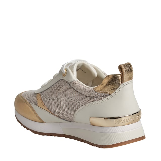 The Allie Stride leather sneakers are perfect for adding an irresistible touch of luxury to any look. This low-top style features shiny chainmail mesh panels and the brand's initials to add a little sparkle to every step. They're perfect for transitioning from the gym to the city.\n\n Details:\n - Almond tip.\n - Lace-up closure.\n - Shiny leather/chain mesh.\n - Padded textile insole.\n - Metallic Michael Kors logo on the back and instep.\n\n A good pair of women's designer sneakers will take you anywhere. Whether you're going for a stroll, exploring the city, or taking a long trip, casual women's sneakers allow you to arrive at your destination in style. If you're looking for a revamped take on a classic, high-top designer sneakers are the best option. Sneakers with a retro-inspired silhouette look great with both cropped jeans and minidresses. For traveling, slip-on sneakers are the best option. They're ideal for slipping on and off during security, as well as for great comfort while exploring a new city.\n Composition: 100% Leather, Textile\n Care:\nUse a soft, damp cloth to clean the surface.