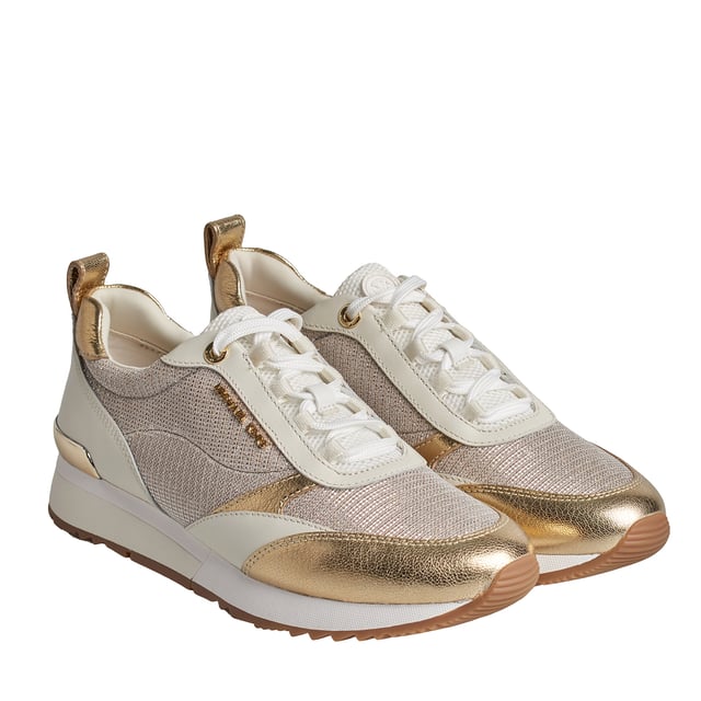 The Allie Stride leather sneakers are perfect for adding an irresistible touch of luxury to any look. This low-top style features shiny chainmail mesh panels and the brand's initials to add a little sparkle to every step. They're perfect for transitioning from the gym to the city.\n\n Details:\n - Almond tip.\n - Lace-up closure.\n - Shiny leather/chain mesh.\n - Padded textile insole.\n - Metallic Michael Kors logo on the back and instep.\n\n A good pair of women's designer sneakers will take you anywhere. Whether you're going for a stroll, exploring the city, or taking a long trip, casual women's sneakers allow you to arrive at your destination in style. If you're looking for a revamped take on a classic, high-top designer sneakers are the best option. Sneakers with a retro-inspired silhouette look great with both cropped jeans and minidresses. For traveling, slip-on sneakers are the best option. They're ideal for slipping on and off during security, as well as for great comfort while exploring a new city.\n Composition: 100% Leather, Textile\n Care:\nUse a soft, damp cloth to clean the surface.